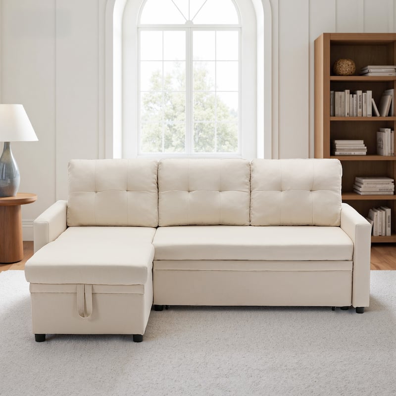 79" W L Shaped Reversible Convertible Pull Out Couch Bed Sleeper Sofa - Beige-Linen