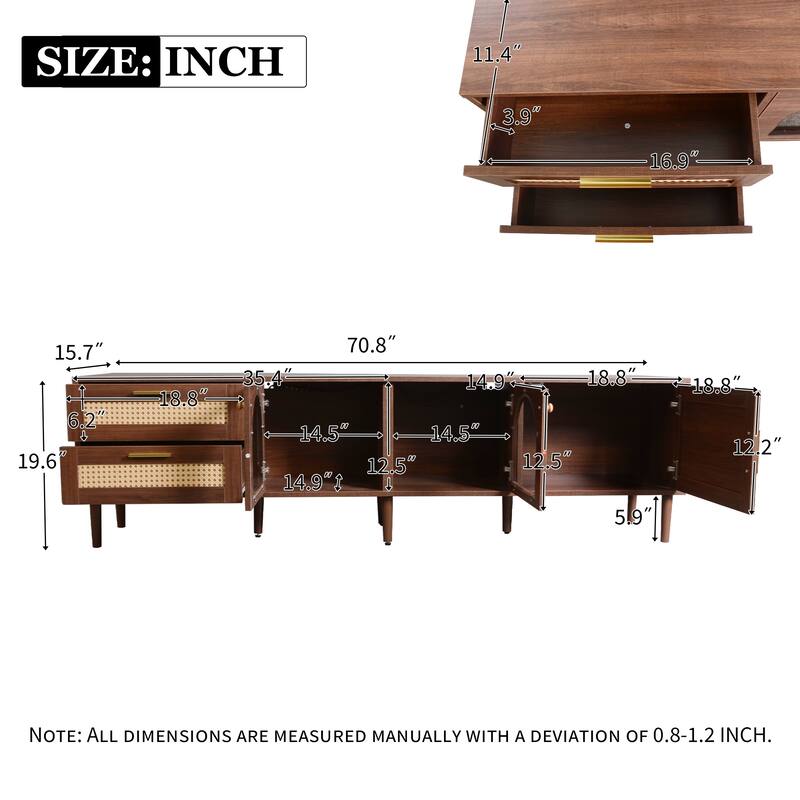 Modern Media Console with Rattan Design, LED Lights & Storage for TVs up to 80" - Living Room & Bedroom TV Stand