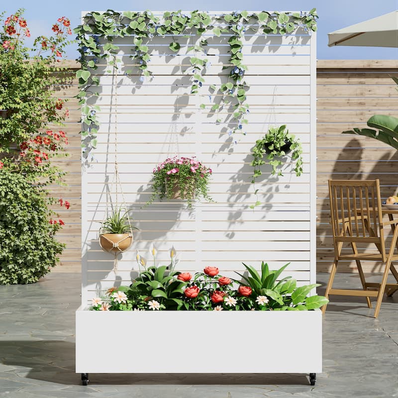 Metal Movable Planter Box with Trellis Privacy Screen Planter Box with Lockable Wheels - 72"x47" - White