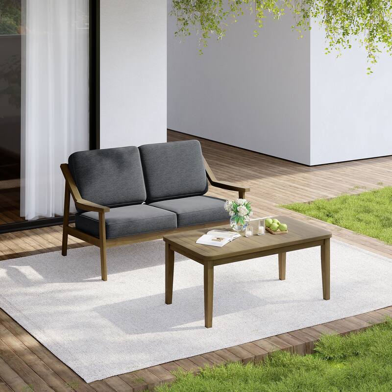 Outdoor Wood Teak Cushioned Patio 2 Seater Loveseat with Coffee Table