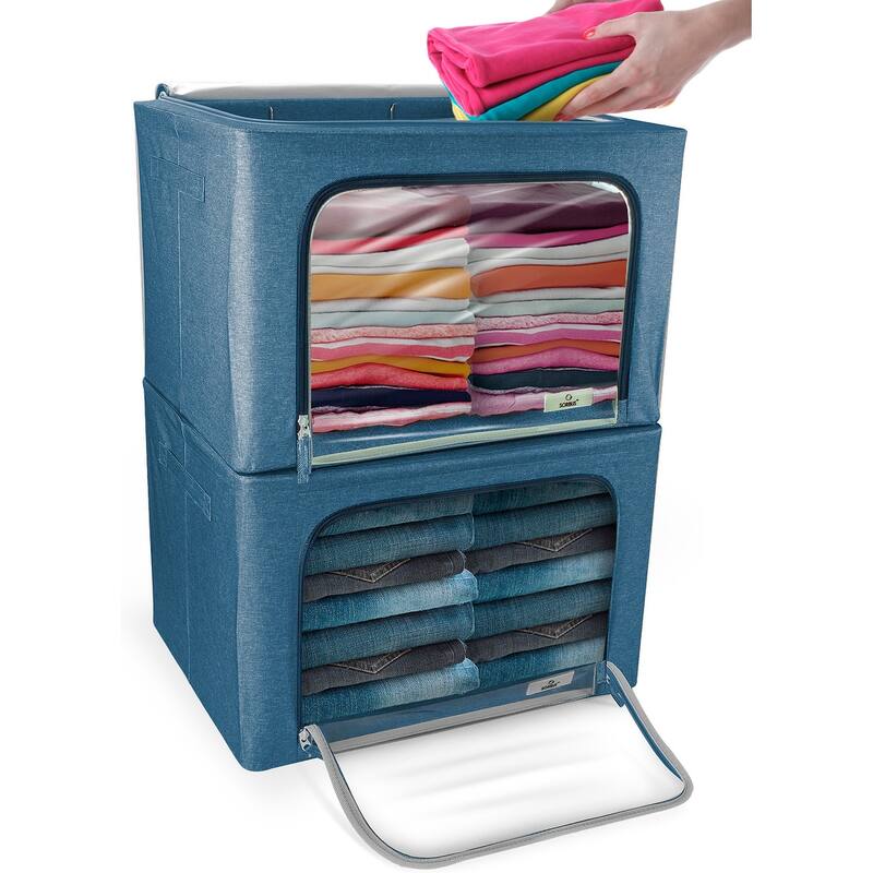 Storage Bins, Foldable Stackable Container Organizer Set with Large Window & Carry Handles - Blue