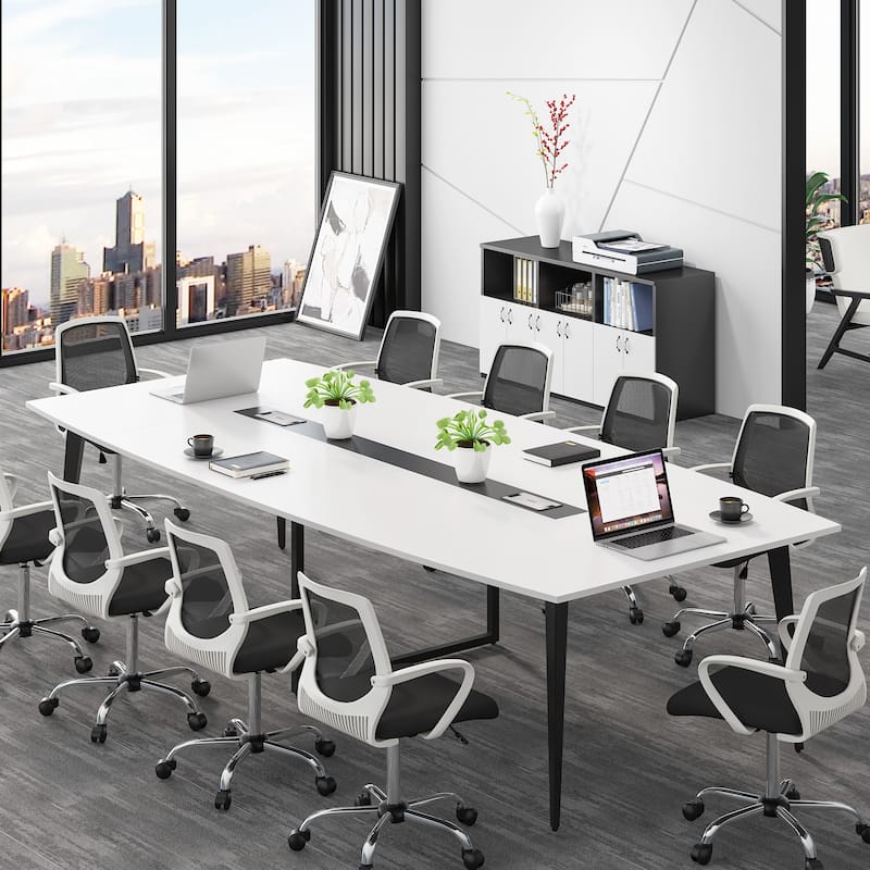 8FT Conference Table,Boat Shaped Meeting Table with Rectangle Grommet - White/Beige/Black