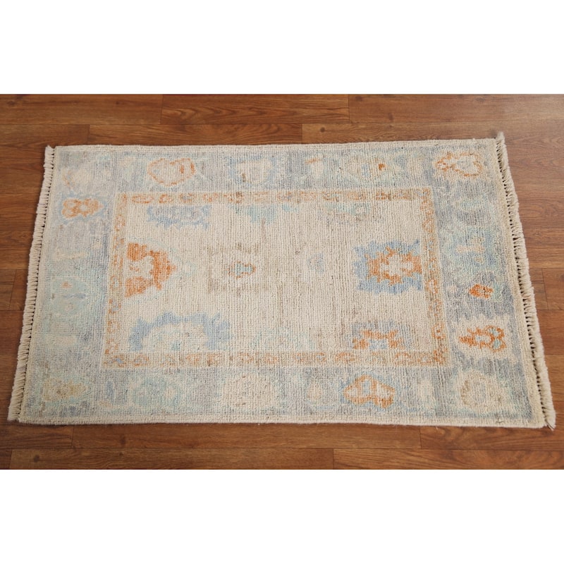 Hand Knotted Oriental 100% Wool Carpet Transitional Geometric Beige & Ivories Oushak Area Rug - 2' 11'' X 1' 10''