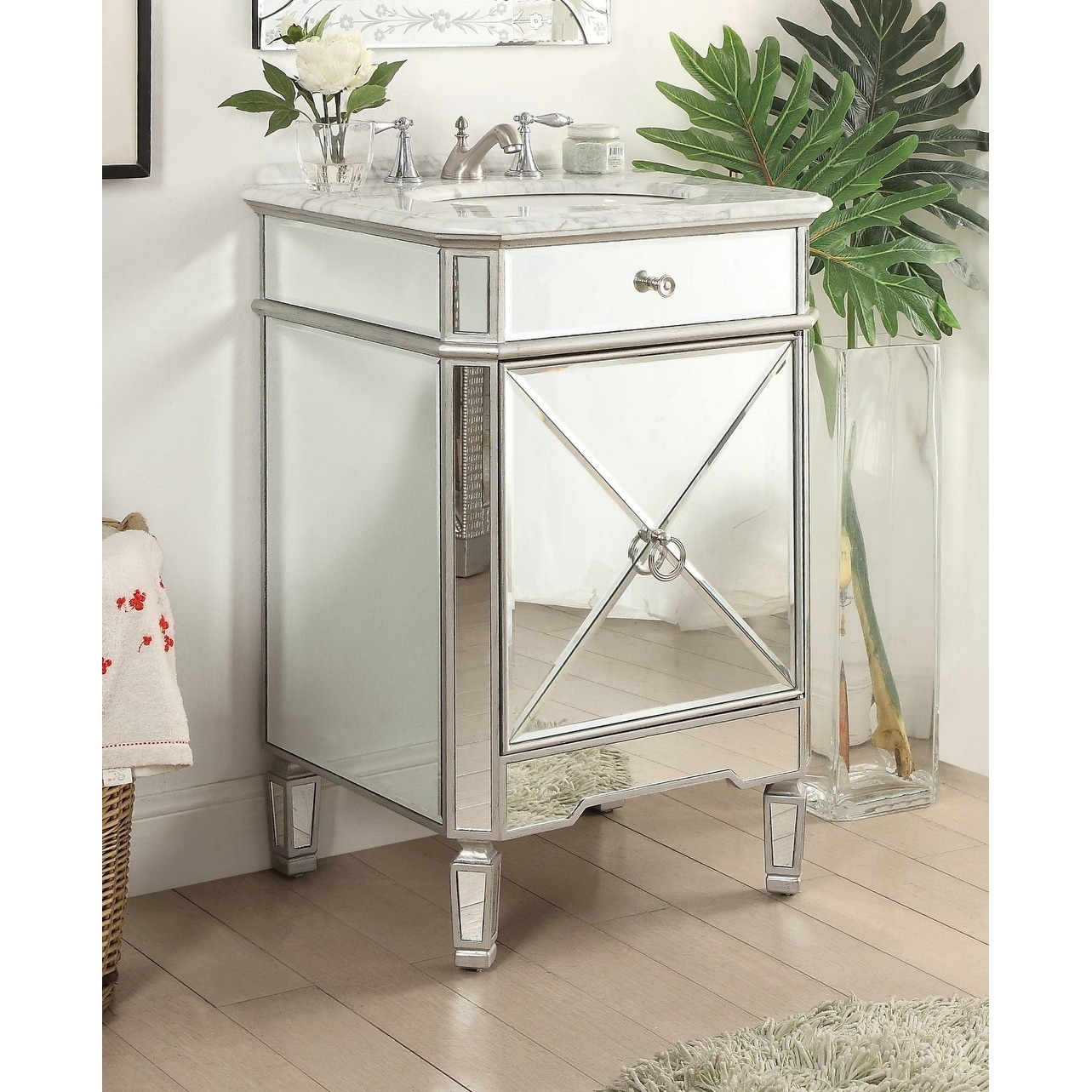 Benton Collection 24 Inch Silver Asger Mirrored Bathroom Vanity, Single Sink, Carrara Marble Top, Fully Assembled