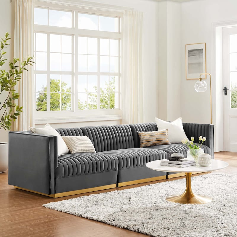 Sanguine Channel Tufted Performance Velvet 3-Seat Sectional Sofa - Gray