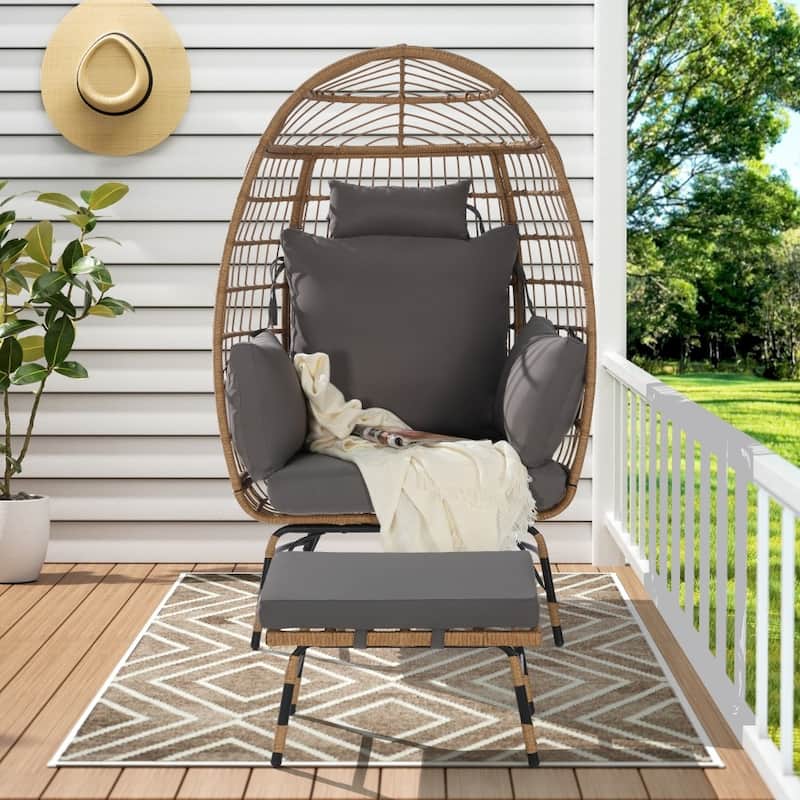 Outdoor Oversized Wicker Rattan Egg Chair with Ottoman and Thick Cushions for Porch