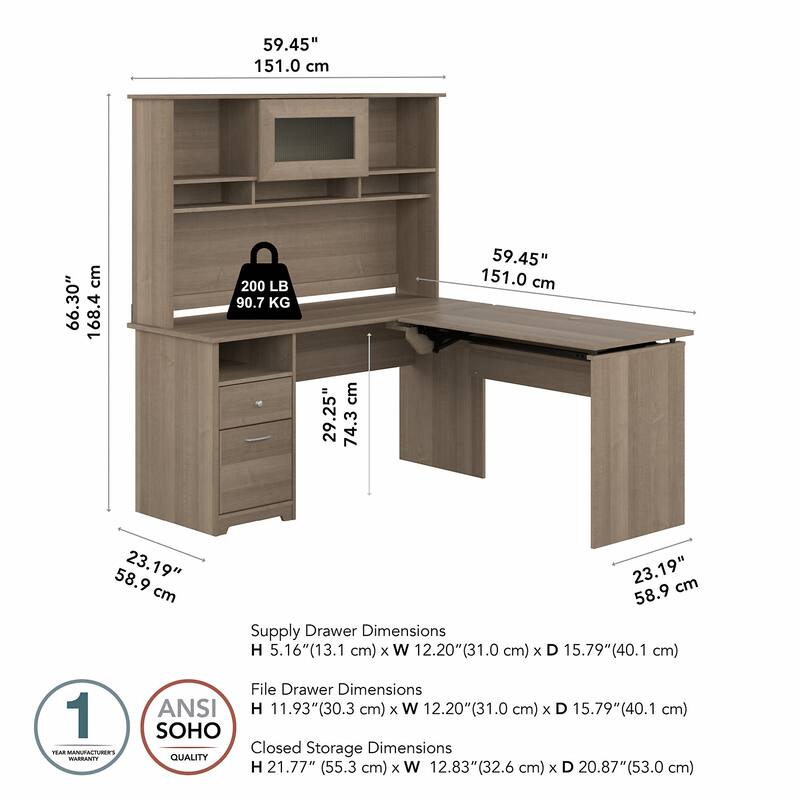 60W 3-position L-shaped Sit to Stand Desk with Hutch by Bush Furniture
