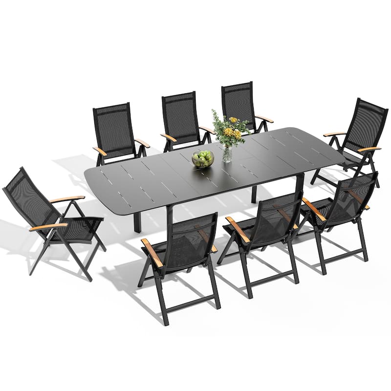 9-Piece Outdoor Patio Dining Set Expandable Aluminum Dining Table with Folding Chairs with Adjustable Back - Black