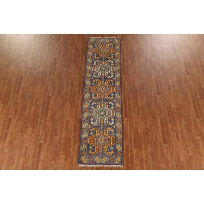 Blue Geometric Kazak Indian Runner Rug Handmade Wool Carpet - 2'7"x 9'9"