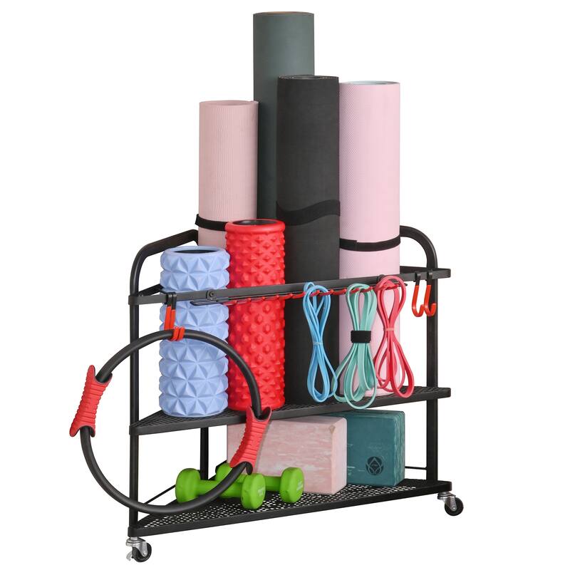 Corner Yoga Mat Storage Rack Rolling Home Gym Organizer with Hooks