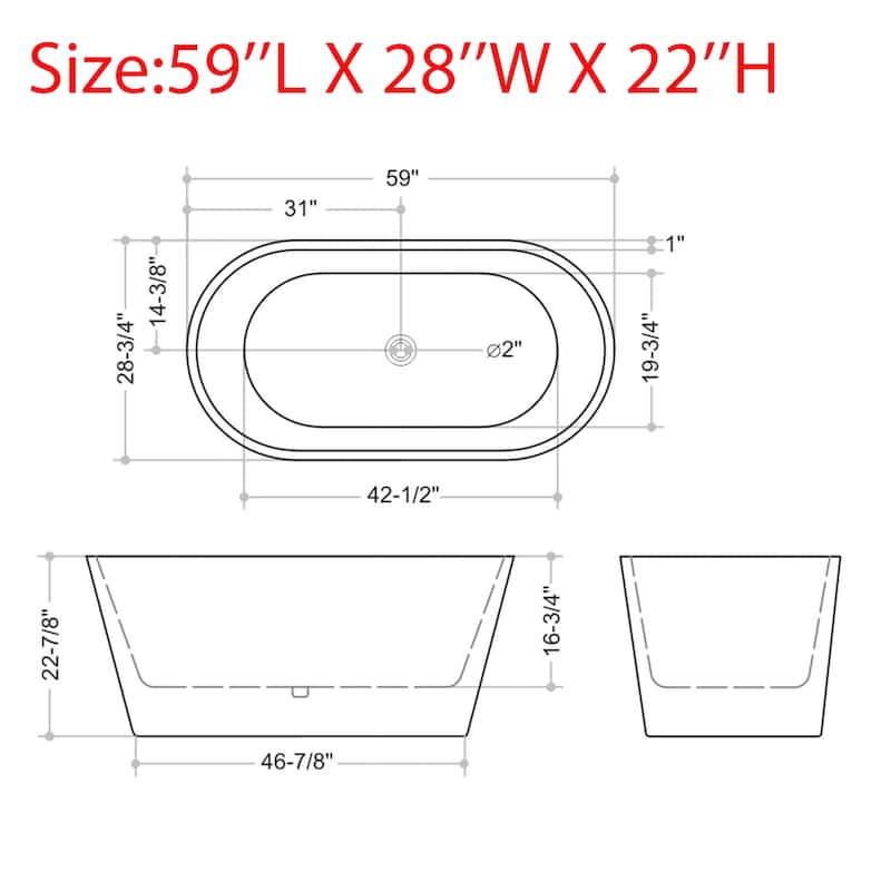 CB HOME 54"/59"/67" Acrylic Freestanding Bathtub, Deep Soaking Spa Bathtubs with Solid Surface