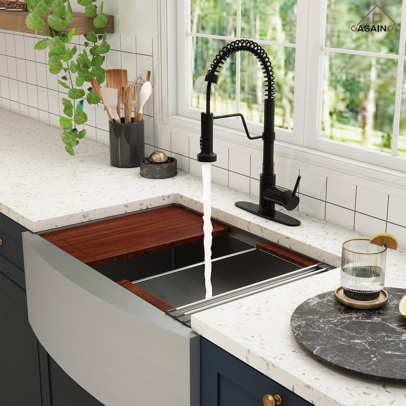 Farmhouse/Apron-Front Single Bowl 16 Gauge Stainless Steel Workstation Kitchen Sink with Pull Down Kitchen Faucet & Accessories