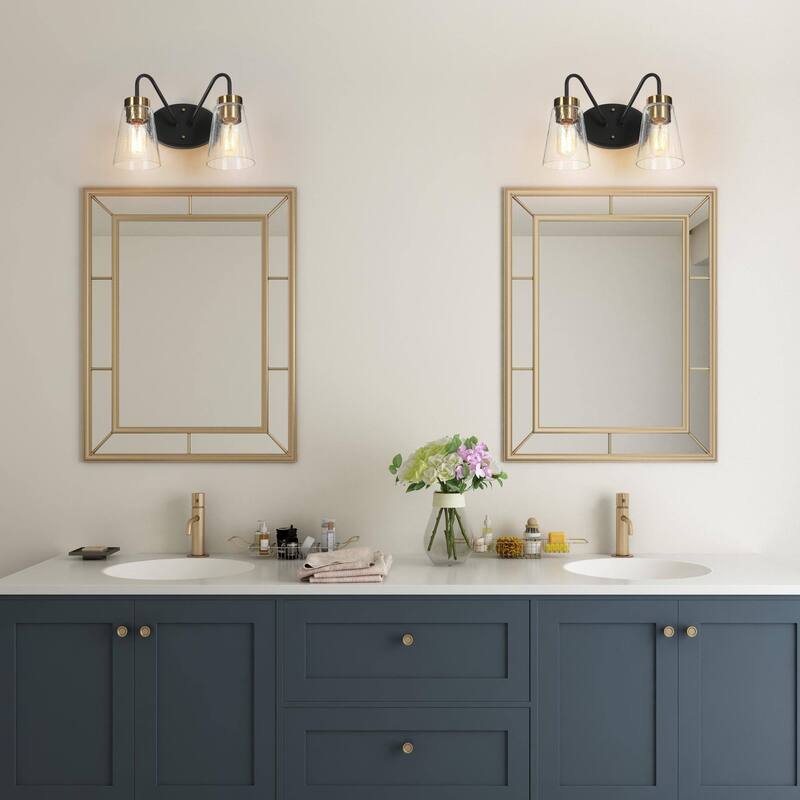 Modern Black Gold Bathroom Vanity Light Wall Sconces with Seeded Glass