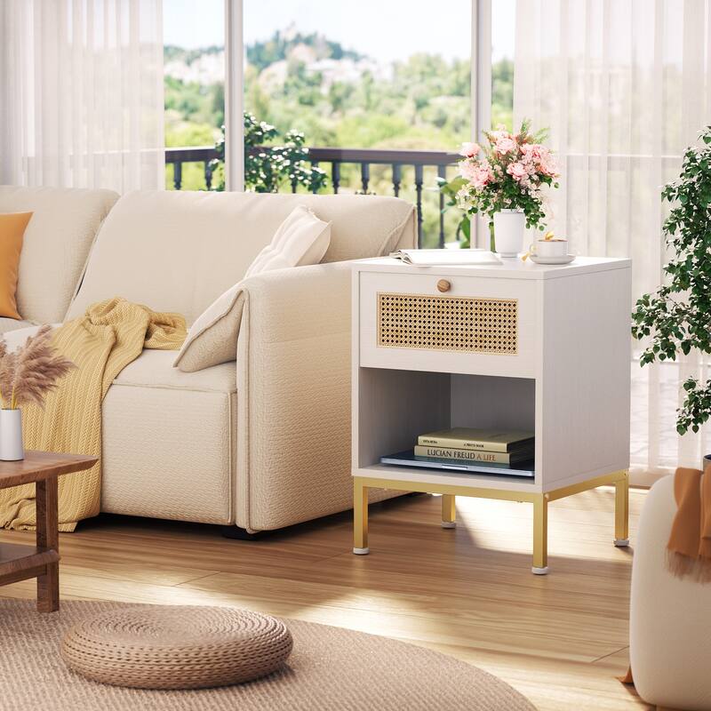 Rattan End Table/ Nightstand with Drawer, Farmhouse Boho Bed Side Table