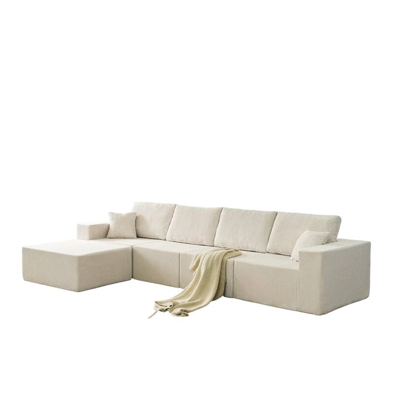 Modular L Shaped Sectional Sofa with Ottoman, Corduroy Boneless Cloud Sofa, 4 Seater Compressed Sofa with 2 Pillows