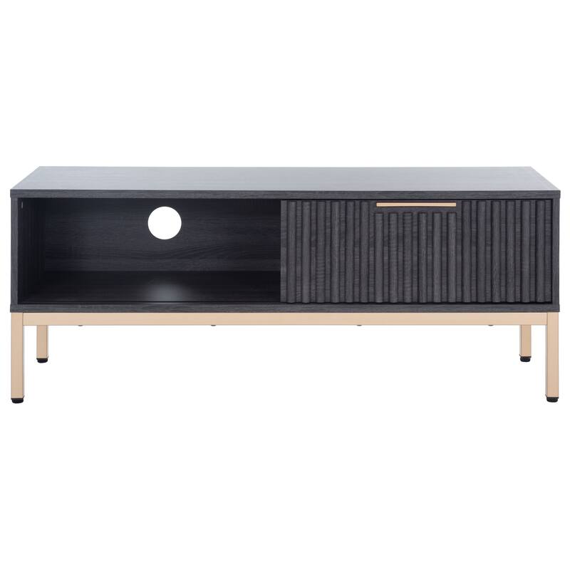 SAFAVIEH Britany 1-Door Media Stand (Fits Up To A 50" Flatscreen TV) - 46.9 In. W x 15.4 In. D x 18.7 In. H - 47Wx15Dx19H - Distressed Black/Gold Legs/Gold Handle