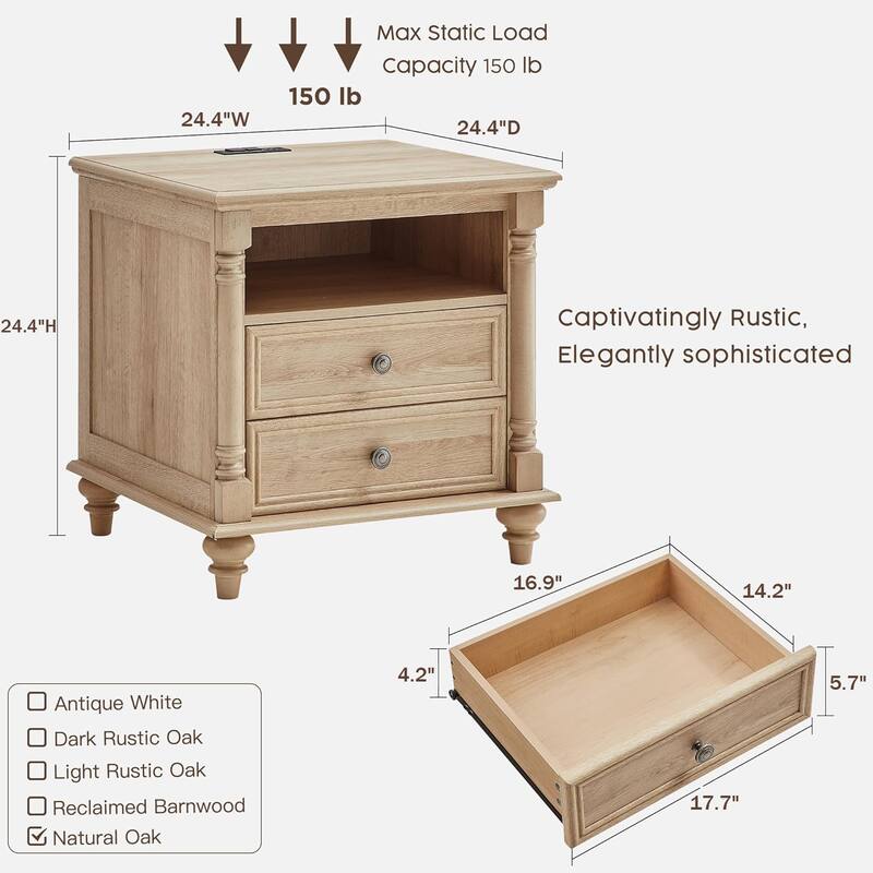 Farmhouse Nightstand Solid Wood Feet, Sofa Table with Charging Station