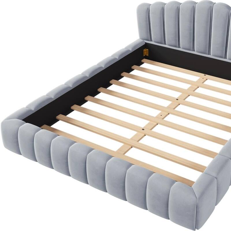 HomeRoots Light Blue Tufted Velvet Upholstered Queen Bed Frame