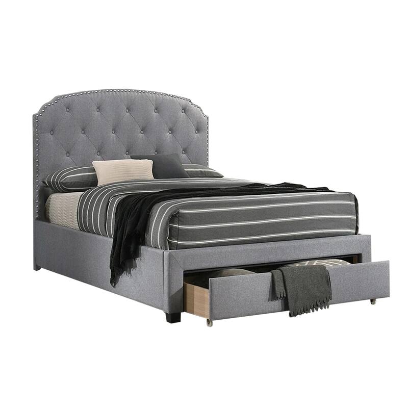 Linen Upholstered Twin Size Bed with 1 Drawer - Light Grey/Black