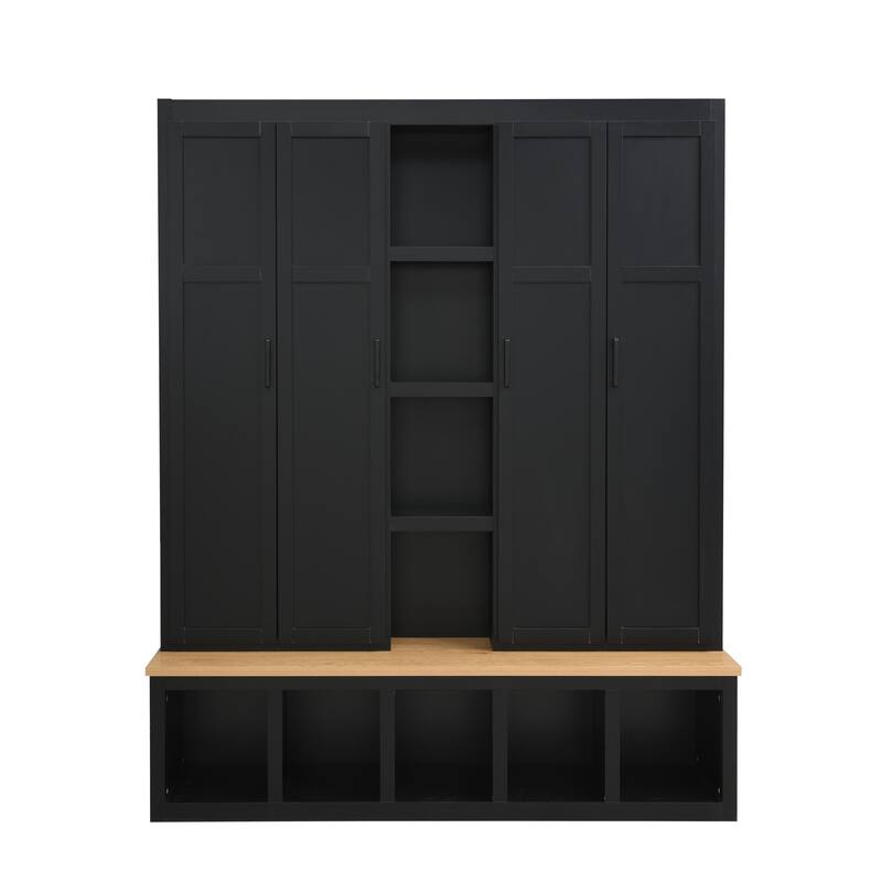 Farmhouse Hall Tree with Bench & 6 Hooks, 62.9"W Shoe Storage, Entryway Organizer for Mudroom, Living Room