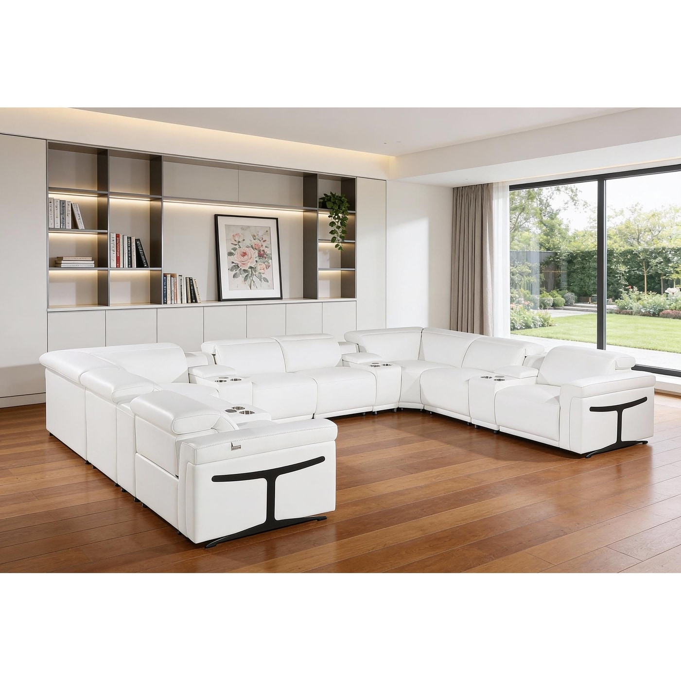 HomeRoots White Italian Leather Power Reclining U Shaped Twelve Piece Sectional With Console