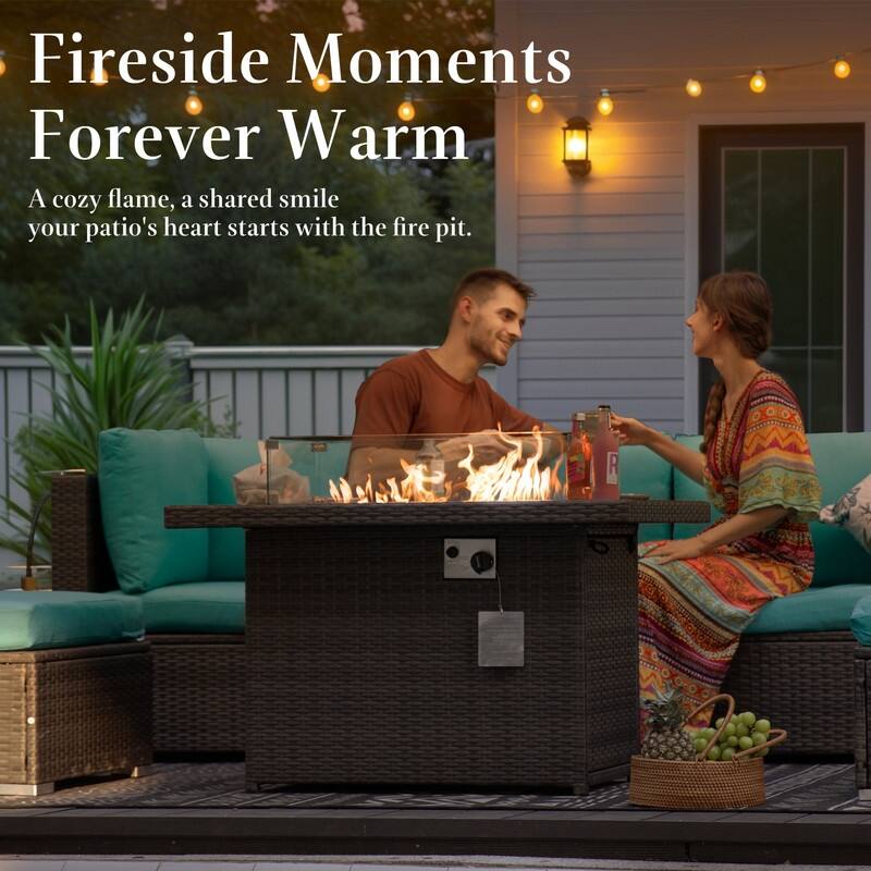FINCATI 43" Outdoor Propane Fire Pit Table, 60,000 BTU Natural Gas Wicker Fire Pit, Patio Dual-fuel Rectangular Fireplace