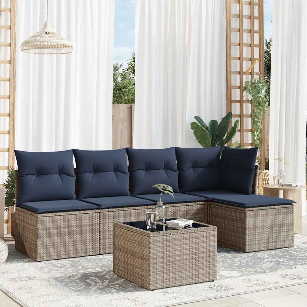 vidaXL 5/6 Piece Patio Sofa Set with Cushions Black/Brown/Gray Poly Rattan - 24.4 x 24.4 x 27.2
