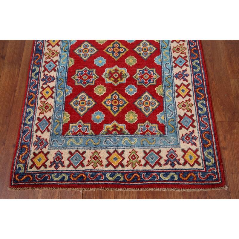 Kazak Accent Rug Hand-Knotted Geometric Red Wool Carpet - 2'8" x 4'1"