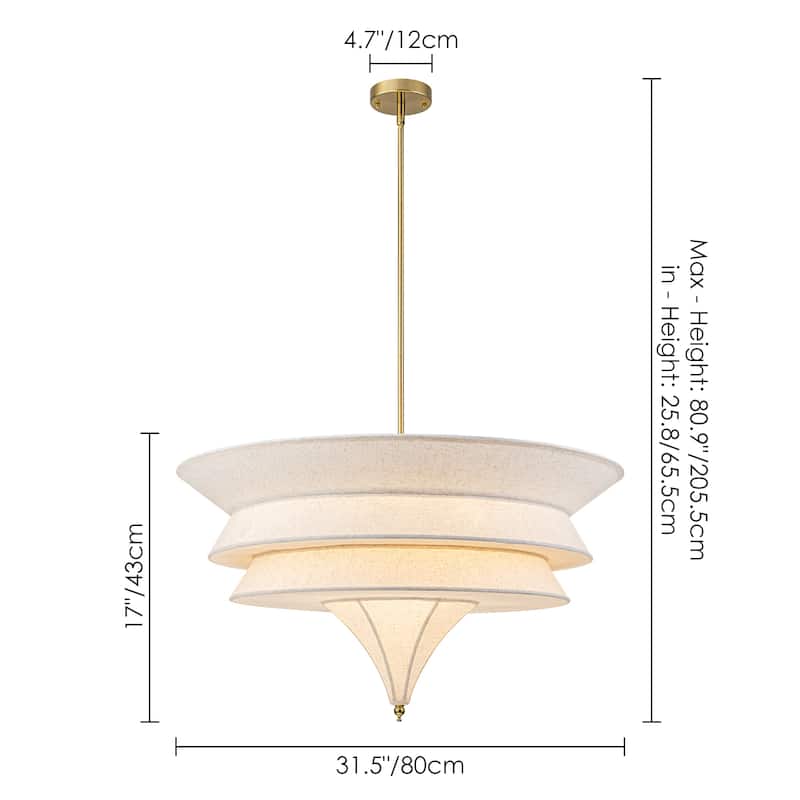 5-Light Mid-Century Modern Brass Chandelier for Dining Room&Living Room - Four-Layer Textured Fabric Shade - 5 Light