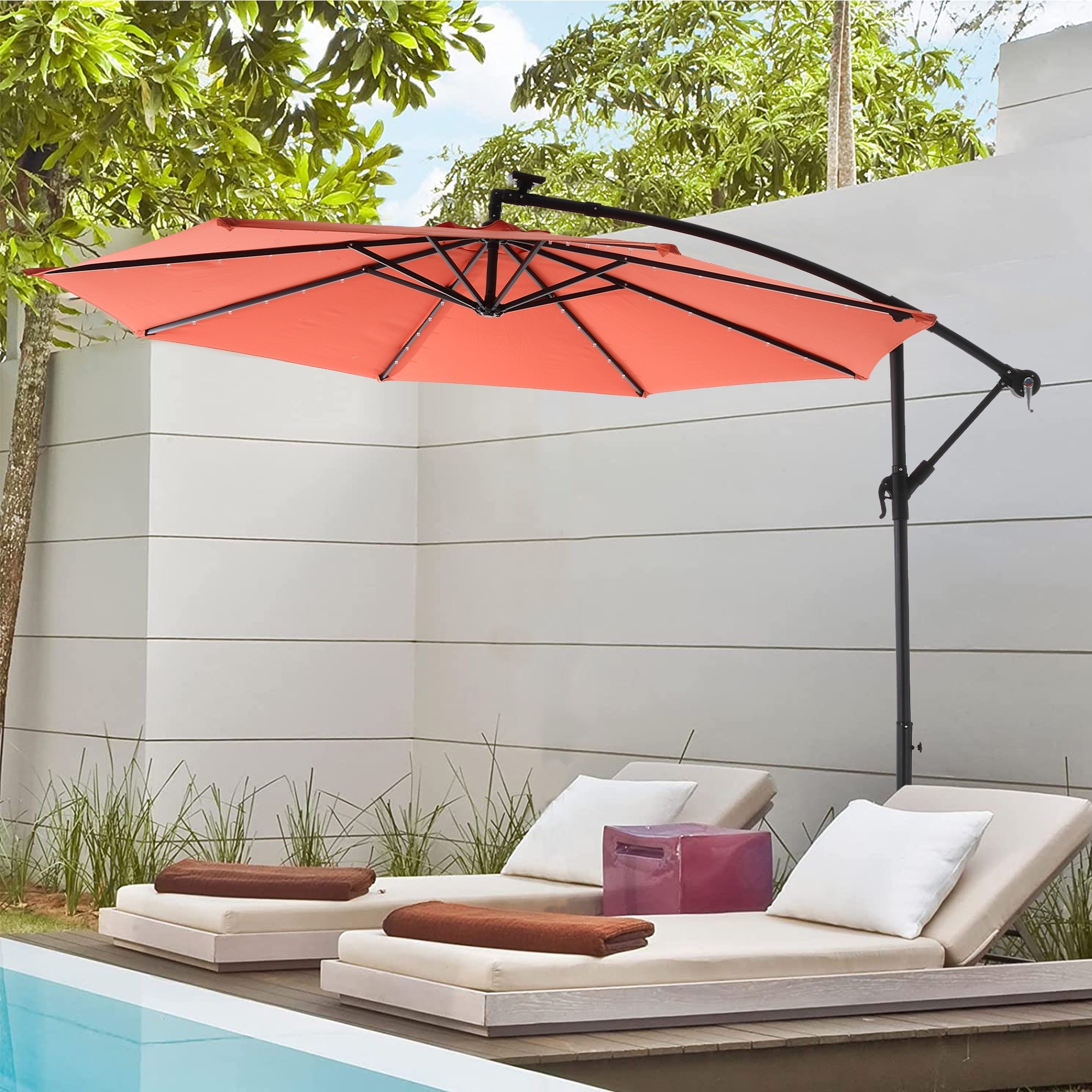 aluminum cantilever solar led offset patio umbrella Best Choice Products 12x12ft 2-Tier Square Outdoor w/ 360-Rotating Base storing it in the removable battery HOMSHADE 10FT Solar LED Cantilever