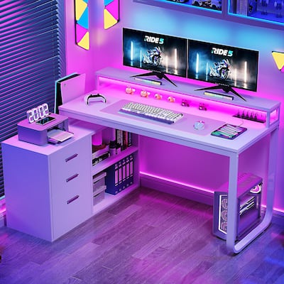 55 Inch L-shaped Desk with Power Outlets and LED Lights Computer Corner Desk with File Cabinet Monitor Stand