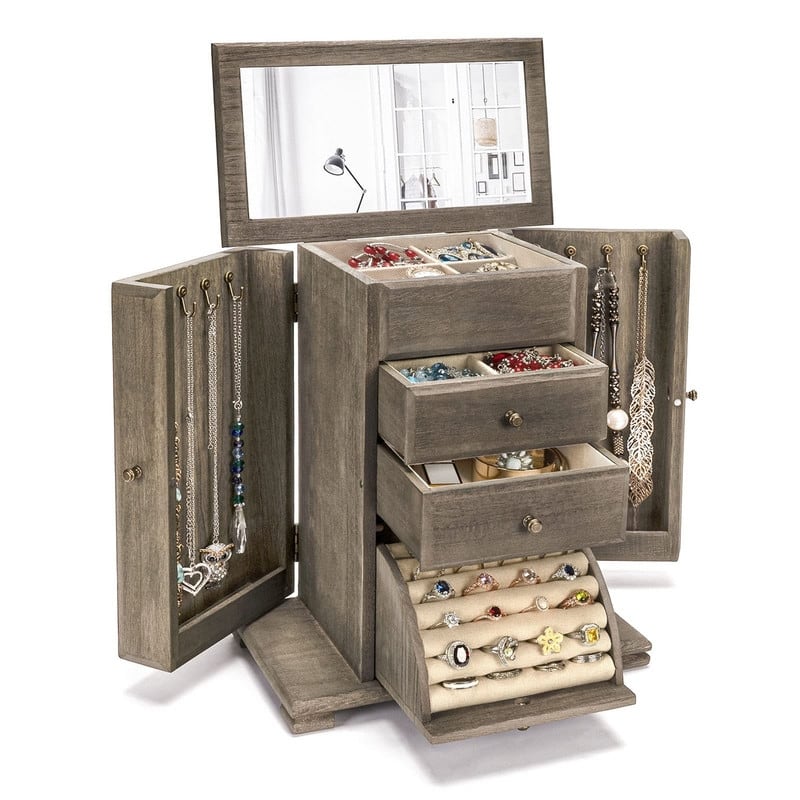 Jewelry Box for Women - 6.3"D x 10.4"W x 12.6"H - Weathered Gray