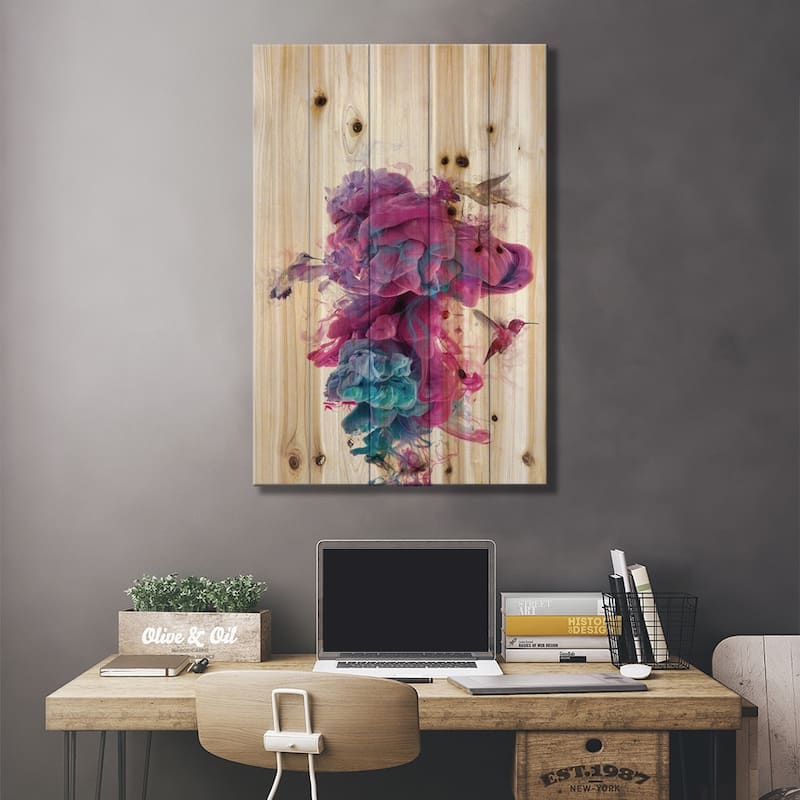 Hummingbirds Ink Print On Wood by Dániel Taylor - Multi-Color