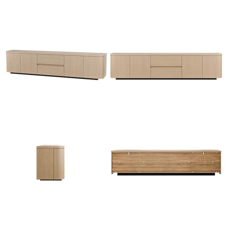 Modern Oak Wood TV Stand with 2 Drawers and Cabinets, 86.6" Long Media Console with Push-to-Open Doors, Anti-Tip Safety Design