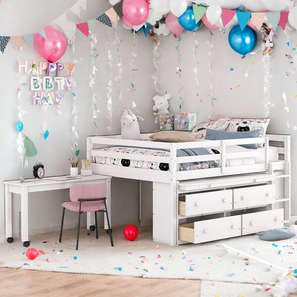 slide 2 of 26, Full Size Wooden Loft Bed with Retractable Writing Desk and Drawers,Modern Kids Loft Bed,Space-saving White