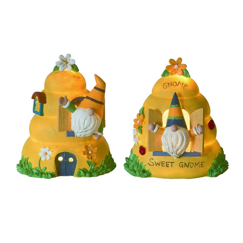 Transpac Resin Light Up Gnome Bee House Decor Set of 3 Spring Home Decorations