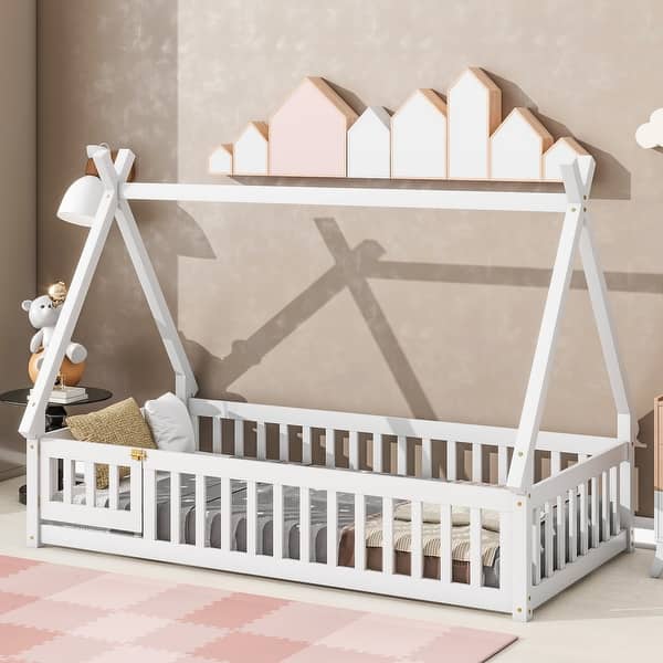 slide 2 of 50, Pine Wood Tent-Shaped Floor Bed with Guardrails Slats Door White - Twin