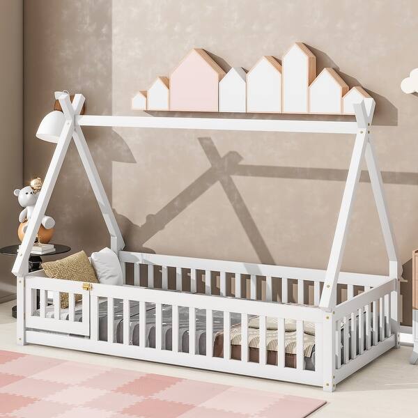 slide 2 of 8, Twin Size Pine Wood Tent-Shaped Floor Bed with Guardrails Slats Door White - Twin