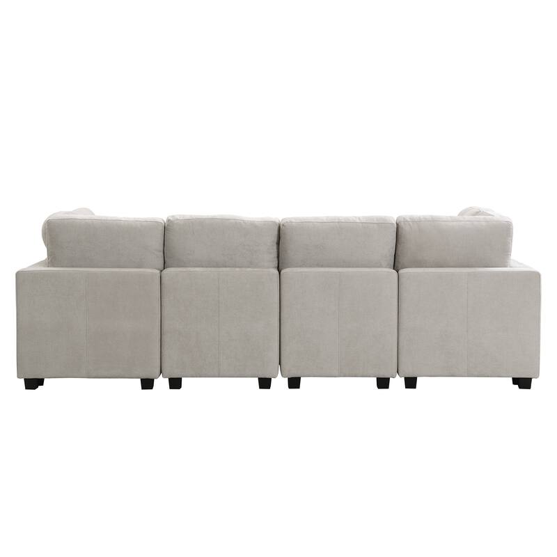 Living Room Chenille U-shaped Sectional Sofa, Pull out Sofa Bed with 2 USB Ports, 3 Back Pillows and Storage Chaise