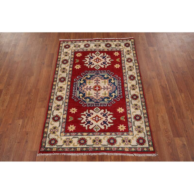 Red Geometric Kazak Foyer Rug Handmade Wool Carpet - 2'10" x 4'1"