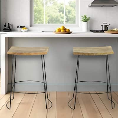 HomeRoots Set of Two 25" Natural And Black Steel Backless Counter Height Bar Chairs
