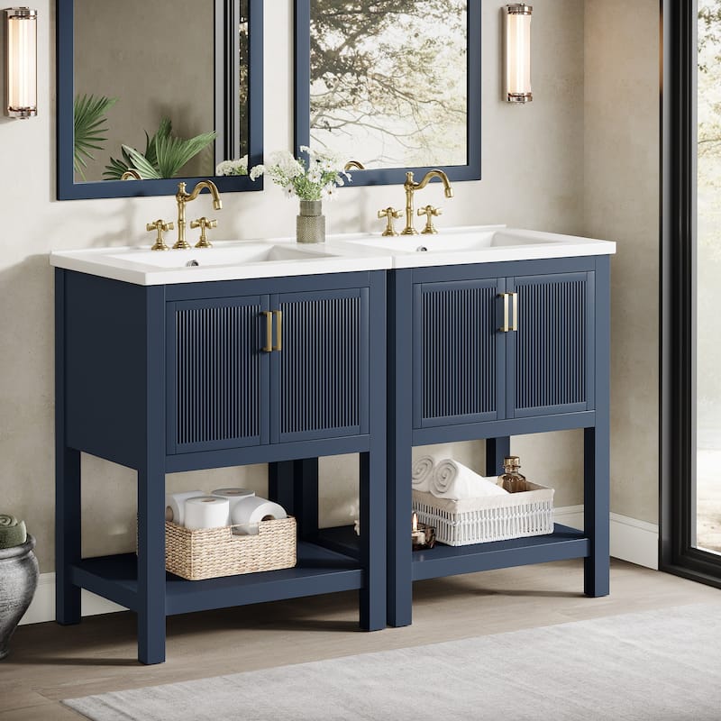 24" Single Bathroom Vanity with Ceramic Sink, Solid Rubberwood Frame & Open Storage Shelf