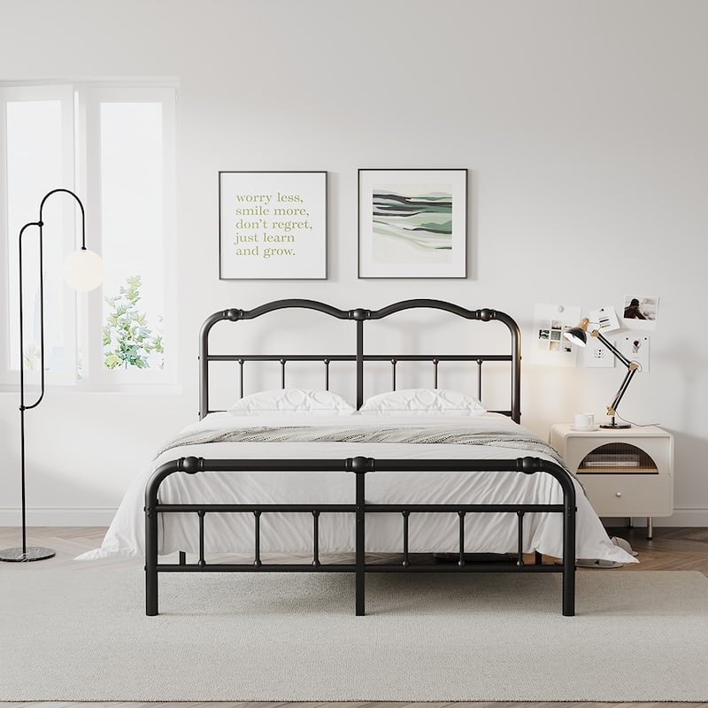 Heavy-Duty Anti-Wobble 14 Inch Bed Frame With Wavy Art Headboard, No Needed Box Spring