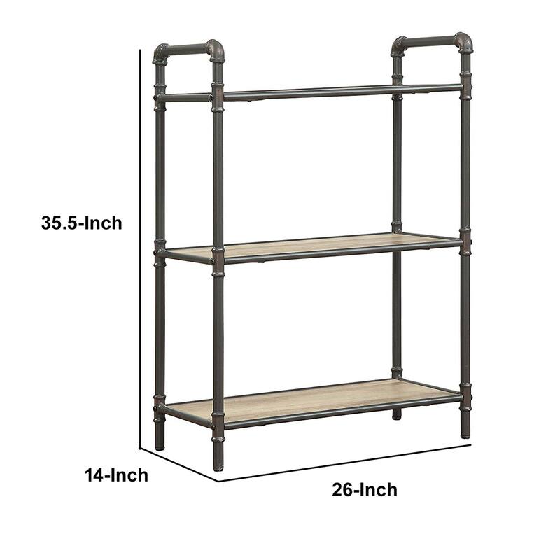 Three-Tier Metal Bookshelf With Wooden Shelves, Oak Brown & Gray - 35.5 H x 14 W x 26 L Inches