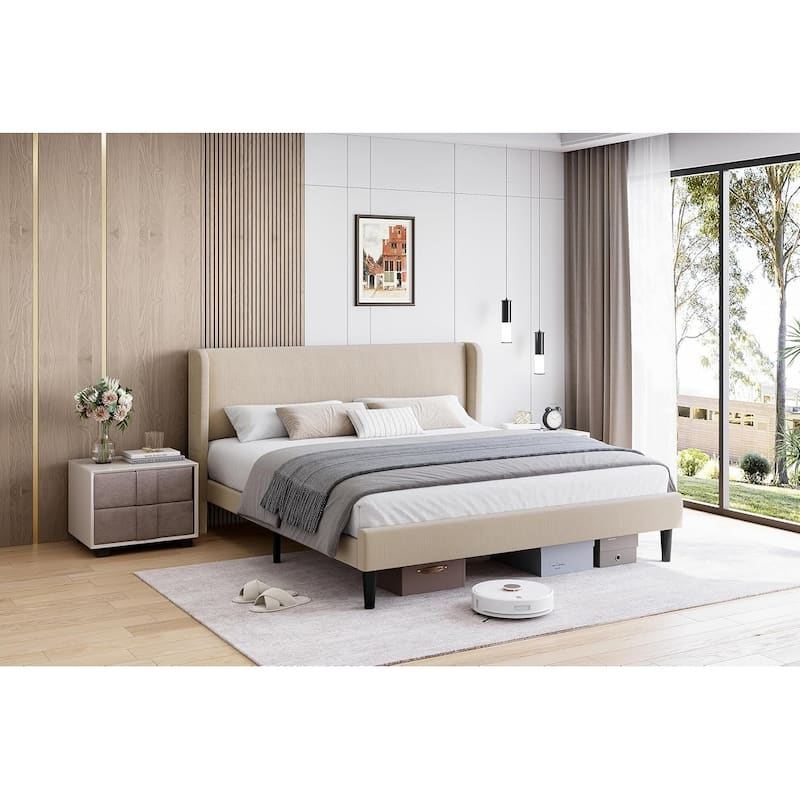 Velvet Upholstered Platform Bed with Wingback Headboard, Wood Slats Support, No Box Spring, Easy Assembly