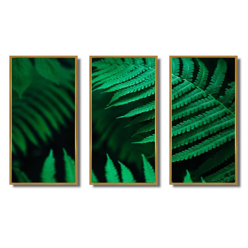 Designart "Dark Green Fern Leaf On Black III" Tropical Framed Wall Decor Set of 3 - 4 Colors of Frames