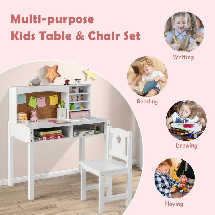 Kids Desk and Chair Set with Hutch and Bulletin Board for 3+ Kids - 31" x 15.5" x 33.5" (L x W x H)