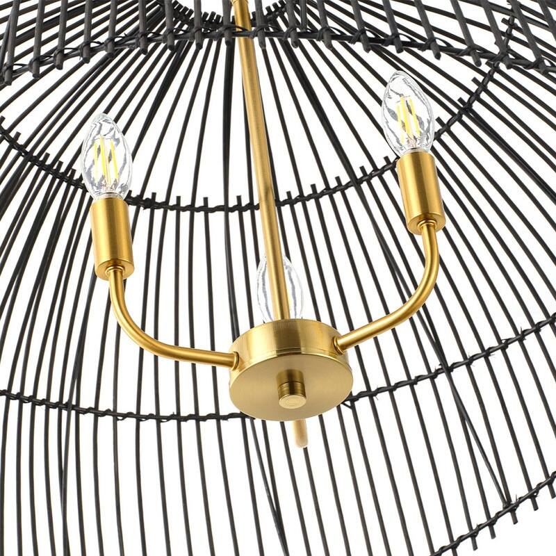 Boho Black Woven Rattan 3 Light Pendant Ceiling Light Brass Copper Finish Iron Frame for Kitchen Island Living Room