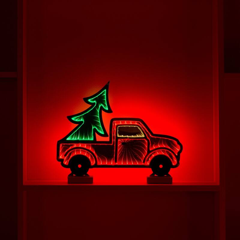 LED 3D Pickup Truck Christmas Infinity Mirror - 16" - Red and Green