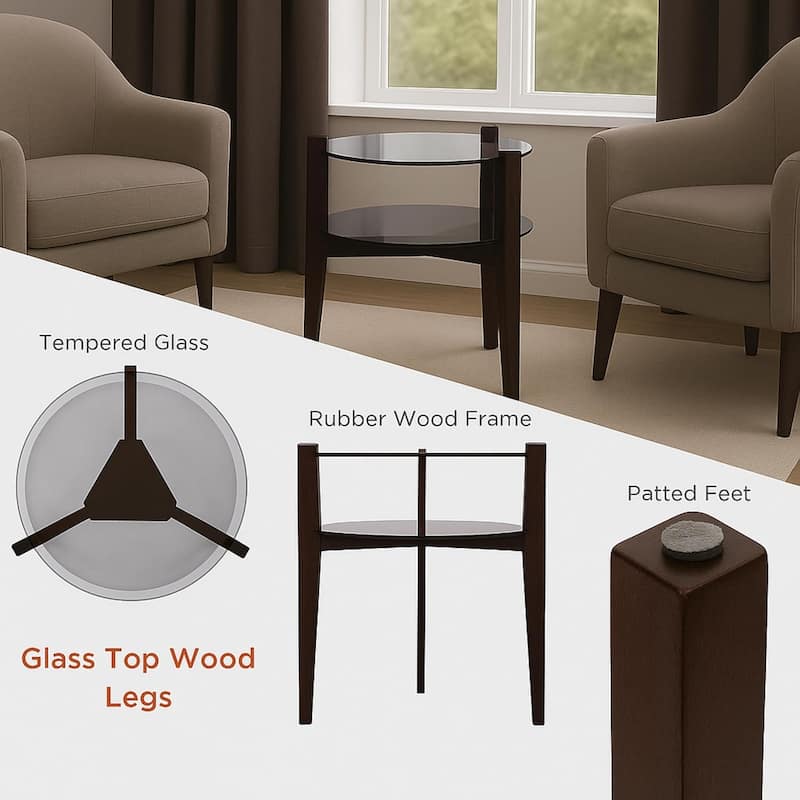 24 Inches 2-tier Glass Round End Table with Shelf and Wooden Legs